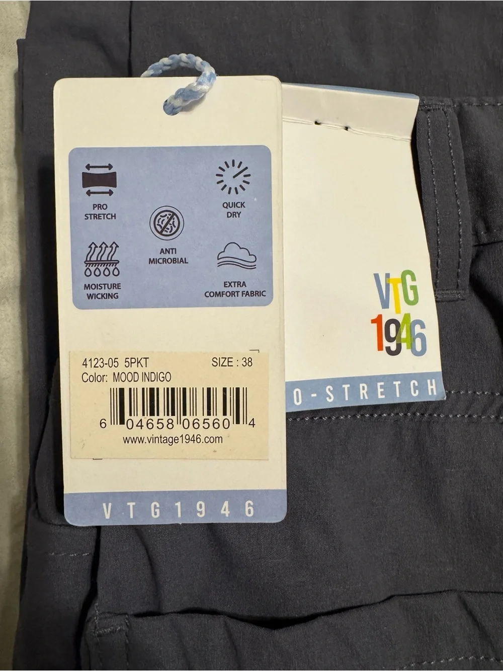 Vintage 1946 Men’s Pants 38x32 NWT Mood Indigo 5 Pocket Quick Dry Stretch